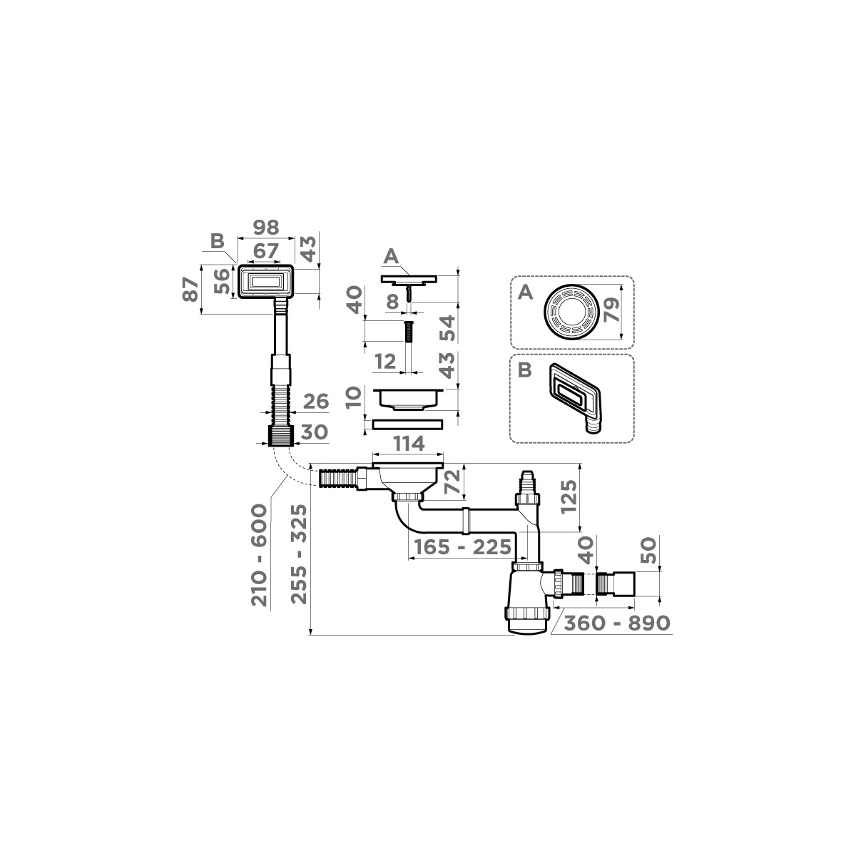 Арматура для одночашевых моек с универсальным прямоугольным переливом Omoikiri WK-1-UN-LG