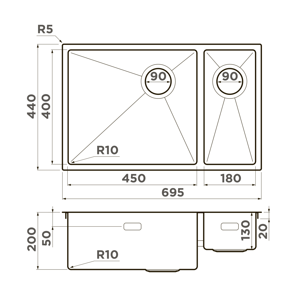 Omoikiri Taki 69-2-U/IF-L Side-LG нерж. сталь/светлое золото